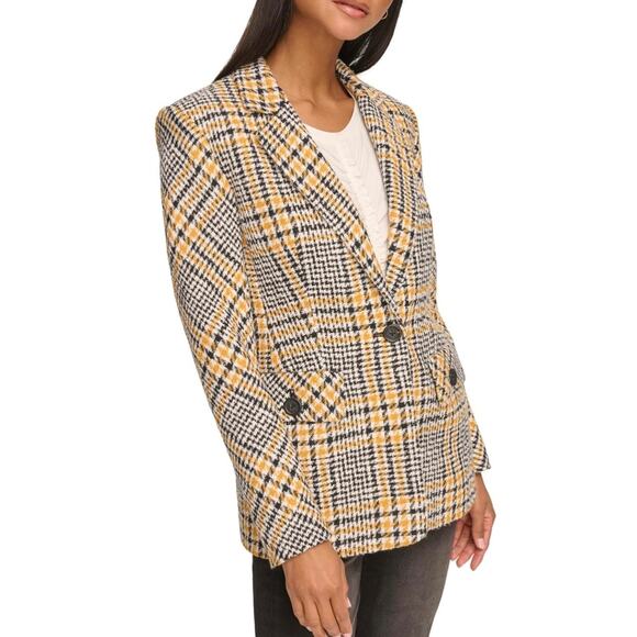 Karl Lagerfeld Paris Black Yellow Gingham Tweed Notch Lapel Blazer Women's 2 NWT - Picture 1 of 8